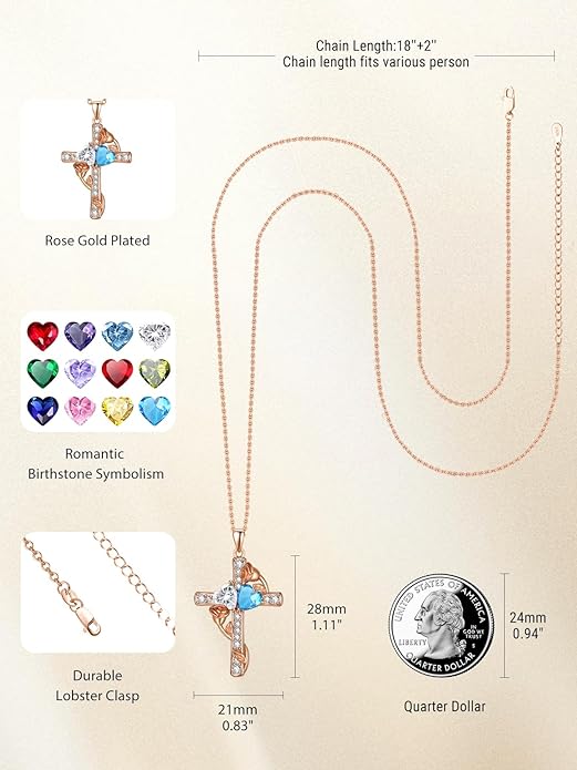 Rose Gold Dual Birthstones Cross Necklace for Women Rose Flower Jewelry Anniversary Christmas Mother's Valentine's Day Birthday Gift for Wife Girlfriend Mom - Bloomnest