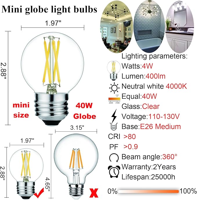 LiteHistory E26 LED Bulb 4W Equal E26 Edison Bulb 40 Watt Neutral White 4000K E26 Bulb Dimmable AC120V 400lm G16.5 Light Bulb led for Rustic Sputnik,Chandeliers,Vanity,Wall sconces Pack of 6 - Bloomnest