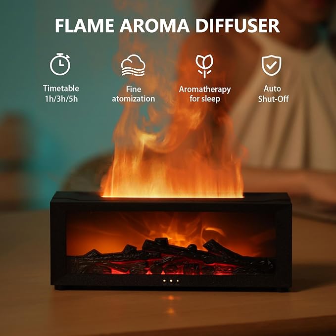 Essential Oil Diffuser, Fireplace Flame Aromatherapy Diffuser with 7 Colors Light, Oil Diffuser, Humidifier, Aroma Diffusers for Home, Office, Yoga, Timer & Waterless Auto Off - Bloomnest