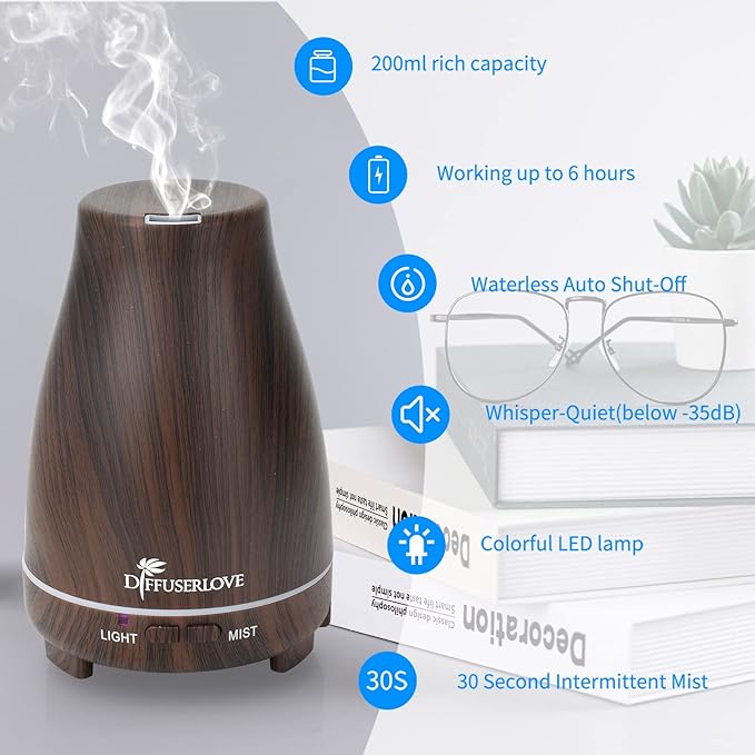 Diffuserlove Essential Oil Diffusers 200ML, Remote Control Aromatherapy Diffuser with 7 Color Lights, Auto Shut-Off for Bedroom Office Kitchen (Black Wood Grain) Diffuserlove