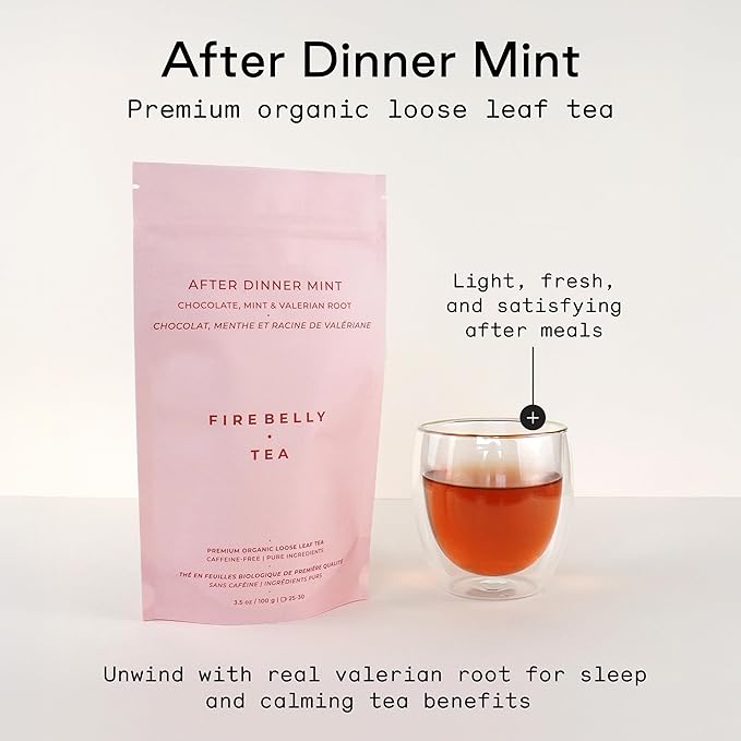 Firebelly Tea After Dinner Mint, Organic Chocolate & Mint Tea with Valerian Root for Sleep, Loose Leaf Herbal Drink, Caffeine-Free, For Relaxing Nighttime, 3.5 oz, Pack of 1 - Bloomnest