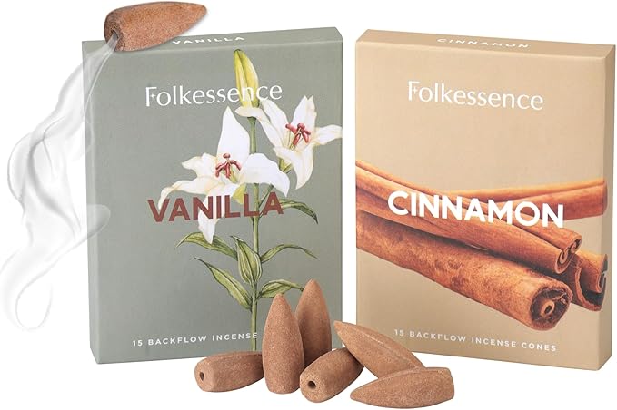 Folkulture Backflow Incense Cones (30 Cones) | Set of 2 Waterfall Insence Cones for Energy, Healing, Aromatherapy | No Charcoal, Organic, Non Toxic Vanilla & Cinnamon Scented Inscents-Cones FOLKULTURE