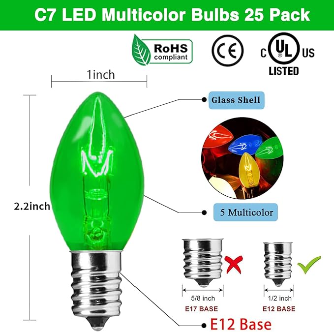 Couah C7 Christmas Light Bulbs C7 Clear Multi-Color Replacement Bulbs（25 Pack） C7 Ceramic Outdoor String Light Replacement Bulbs, C7/E12 Candelabra Base, 5 Watt - Bloomnest