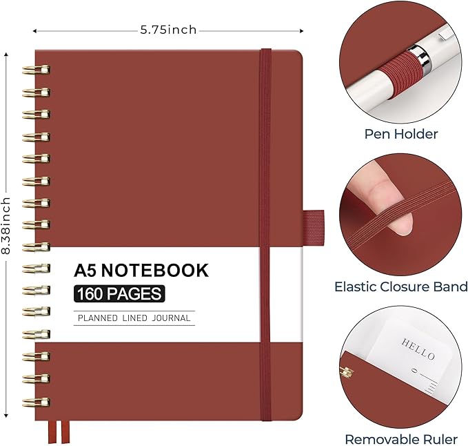 AHGXG Spiral Journal Notebook, 160 Lined Pages, A5 Medium Size (5.7'' x 8.3''), for Men & Women, Journaling, Writing, Work & Office, Hardcover, 100 GSM Thick Paper (Wine Red) - Bloomnest