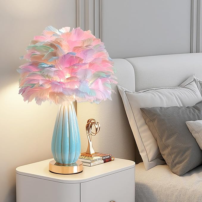 Colorful Feather Lamp Modern Fuzzy Table Lamp Romantic Rainbow Bedside Lamp Nordic Fluffy Princess Nightstand Light for Girl Bedroom Living Room Entry Office Wedding Decor Christmas Gift - Bloomnest