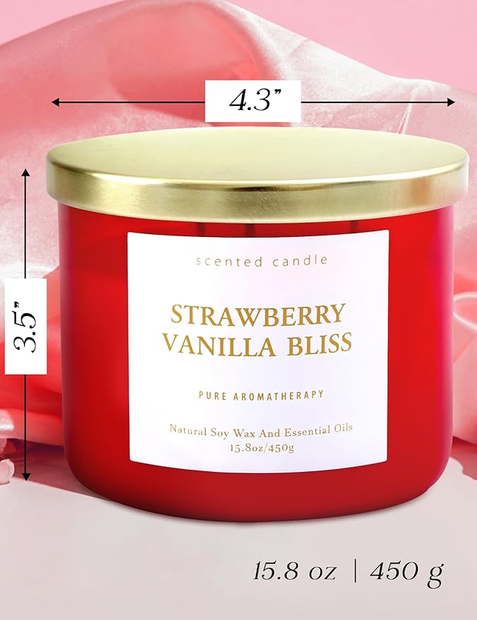 Strawberry Vanilla Aromatherapy Candle - Large 3 Wick Soy Scented Candle 15.8 oz - Relaxing Vanilla Candle for Home & Stress Relief - Long Lasting Natural Candles Gift for Women & Men - Clean Burning - Bloomnest
