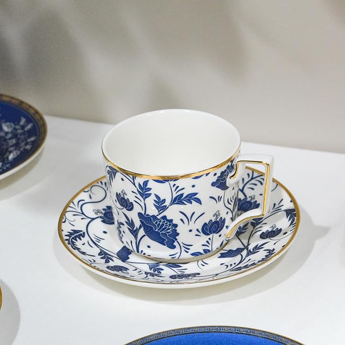 ACMLIFE Bone China Tea Cups and Saucers Set of 4, 6.8 oz Blue and White Tea Cups Set of 4, with Gold Trim and Gift Box (Blue-4) - Bloomnest