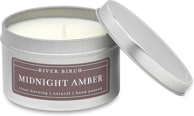 River Birch Candles Midnight Amber Scented Candle | Premium, All-Natural, Non-Toxic, Soy Wax | 8 oz. Silver Travel Tin | Cozy Relaxing Gifts for Home - Bloomnest