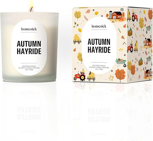 Homesick Autumn Hayride Scented Candle – 13 oz Soy Wax Candle with Organic Cotton Wick, 60–80 Hour Burn, Cozy Apple Cinnamon Vanilla Scent, Reusable Glass Jar, Wedding & Engagement Gifts for Couples - Bloomnest