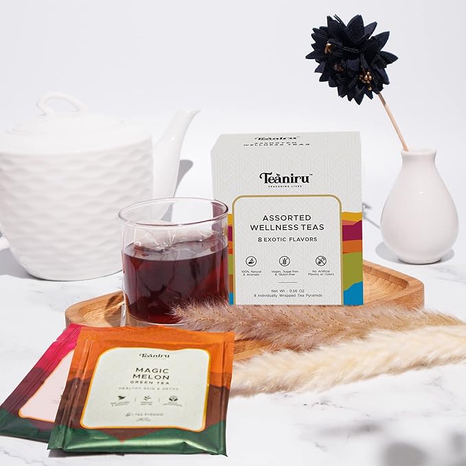 Teaniru, Assorted Tea Sampler Pack - 8 Exotic Wellness Flavors | Individually Wrapped in Pyramid Tea Bags | 100% Natural Ingredients - Pure Leaf Tea | Tea Variety Pack - Bloomnest