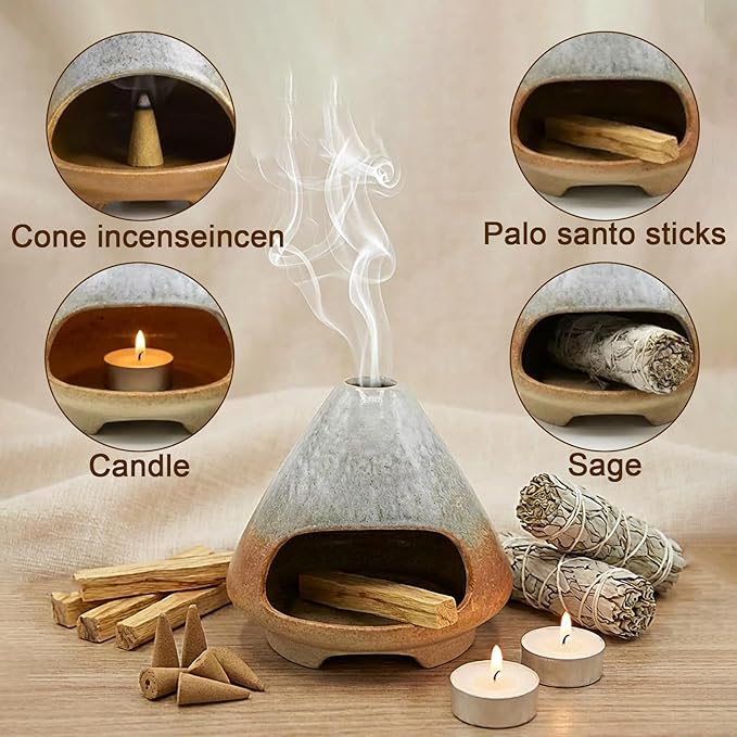 CEREMONY Palo Santo Holder -Mini Ceramic Incense Holder for Palo Santo and Sticks - White Sage Holder for Meditation Decor Ceremony Incense with Glass Gray Collector (Brown-Mount Fuji) LifeNeedsAlittleofCeremony
