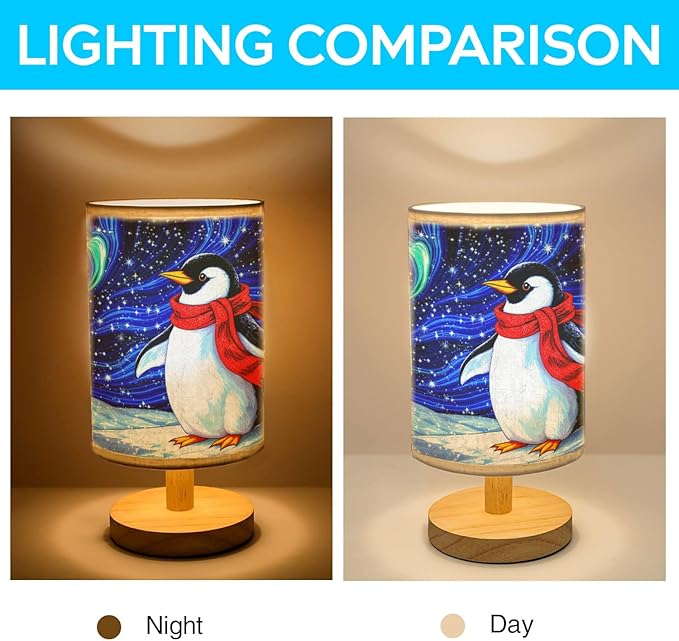 Penguin Table Lamp LED 3-Color Pressed Bedside for Merry Christmas, Penguin Shade Christmas Table Lamp with Wood Base for Bedroom Living Room Desk Office - Bloomnest