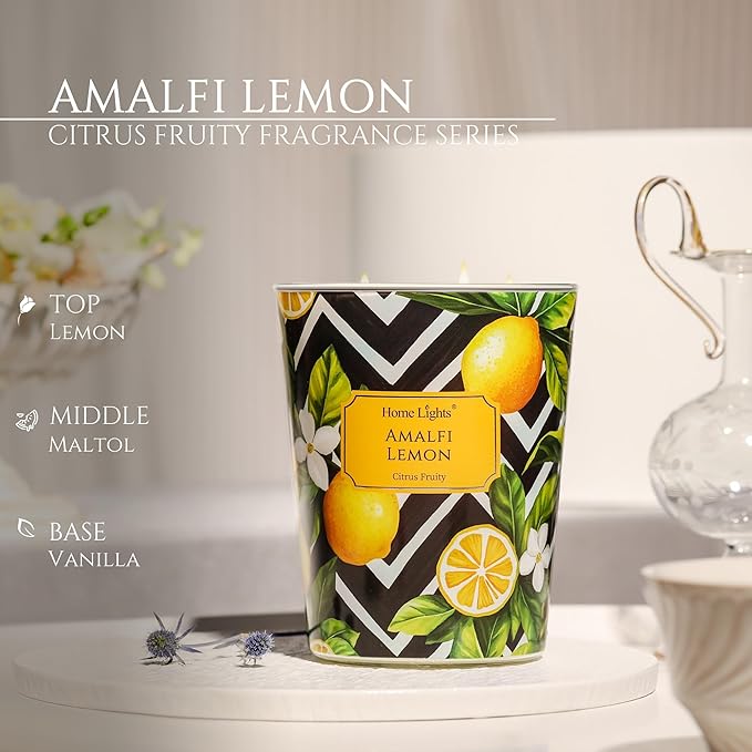 HomeLights Large jar Candle | 3-Wick Long-Lasting Scented Candles, 34oz Natural Soy Wax Candle for Home Scented, Eclectic Mixed Styles Gifts for Women & Men, Amalfi Lemon - Bloomnest