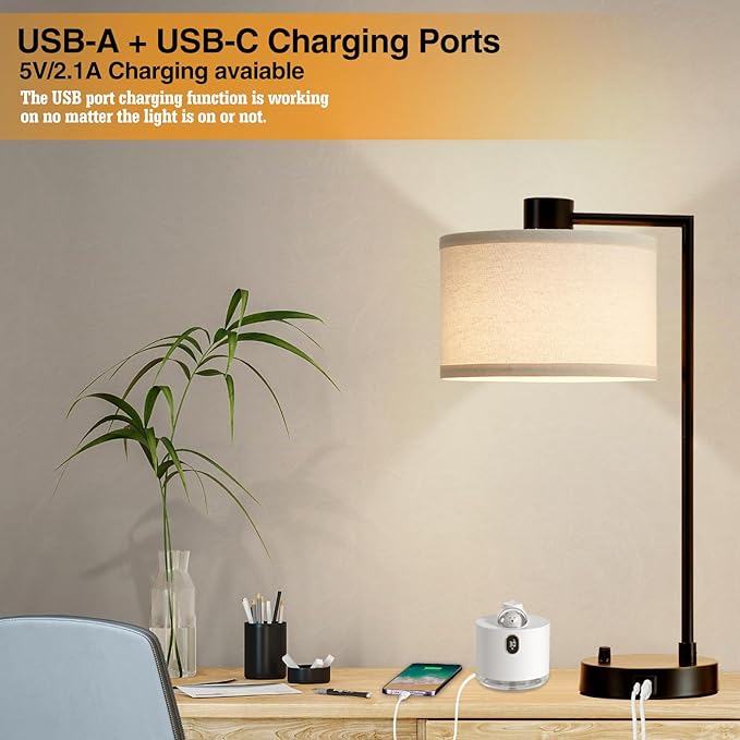 Luvkczc Table Lamp for Bedroom Set of 2 with USB C+A Ports, Fully Stepless Dimmable Bedside Lamp with Linen Lampshade, Contemporary Lamp for Living Room Reading Office, 2 LED Bulbs Included (Black) - Bloomnest