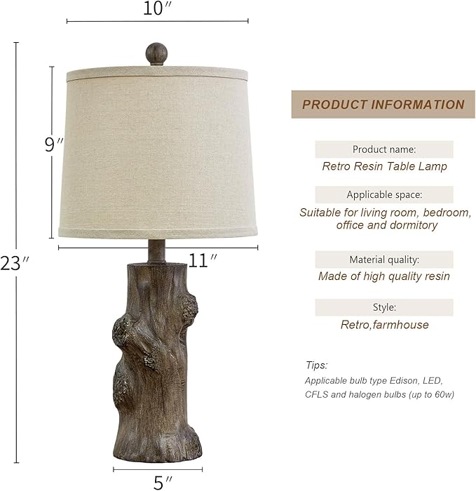 OYEARS 23"Resin Table Lamps for Living Room Set of 2 Country Cottage Farmhouse Lamp for Bedroom Tree Trunk Wood Grain with Oatmeal Fabric Round Shade Vintage Rustic Traditional Nightstand Bedside Lamp - Bloomnest