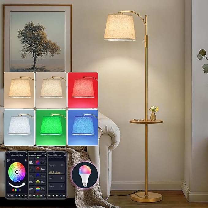 AIDENOEY Smart Floor Lamp with Side Table | Stepless Dimming, RGB Multi-Color | Adjustable Swivel Head | Voice Control with Alexa & Google Assistant |Golden Lamp for Living Room,Bedroom,Home Office - Bloomnest