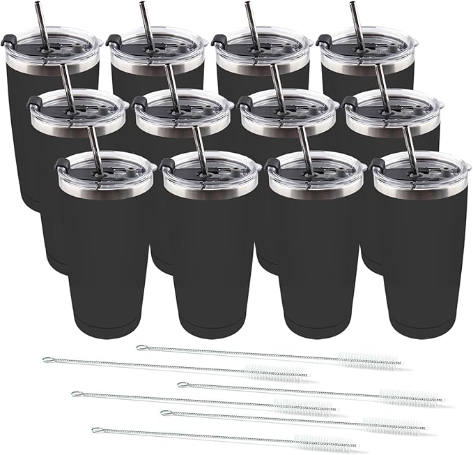 Amtidy 16 Pack 20oz Stainless Steel Tumbler with Lid, Powder Coated Vacuum Insulated Tumbler Cup, With straw and cleaning brushDouble Wall Coffee Tumbler, Powder Coated Travel Mug - Bloomnest