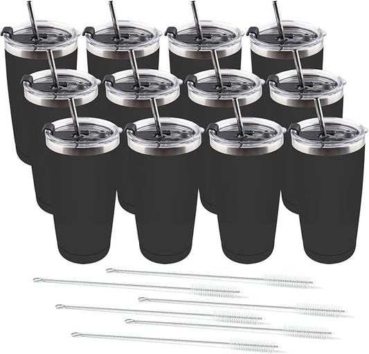 Amtidy 12 Pack 20oz Stainless Steel Tumbler with Lid, Powder Coated Vacuum Insulated Tumbler Cup, With straw and cleaning brushDouble Wall Coffee Tumbler, Powder Coated Travel Mug - Bloomnest