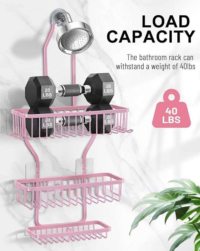 Pink Shower Caddy for Bathroom - Never Rust Hanging Shower Organizer with Soap Basket and Hooks - Large Capacity 3 Tier Aluminum Over The Showerhead Caddy - Bloomnest