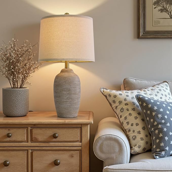 24.5" Handcrafted Ceramic Table Lamp - Single Farmhouse Vintage Rustic Bedside Lighting for Living Room, Bedroom, Entryway | Nightstand & End Table Decor with Linen Shade (Bulb Not Included) - Bloomnest
