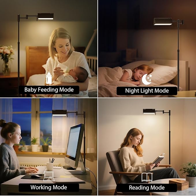 SUNMORY Dimmable LED Pharmacy Floor Lamp, 16W/1500LM Bright Reading Floor Lamp with Remote & Touch Control, 350°Swing Arm, Adjustable Task Craft Standing Lamp for Living Room Bedroom Office, Black - Bloomnest