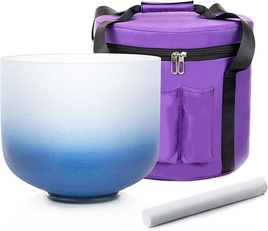 8" A Note 432HZ Indigo Blue Color Crystal Singing Bowl Frosted Quartz Root Base Chakra Meditation Sound Healing with Durable Carrying Case Suede Striker O-ring - Bloomnest