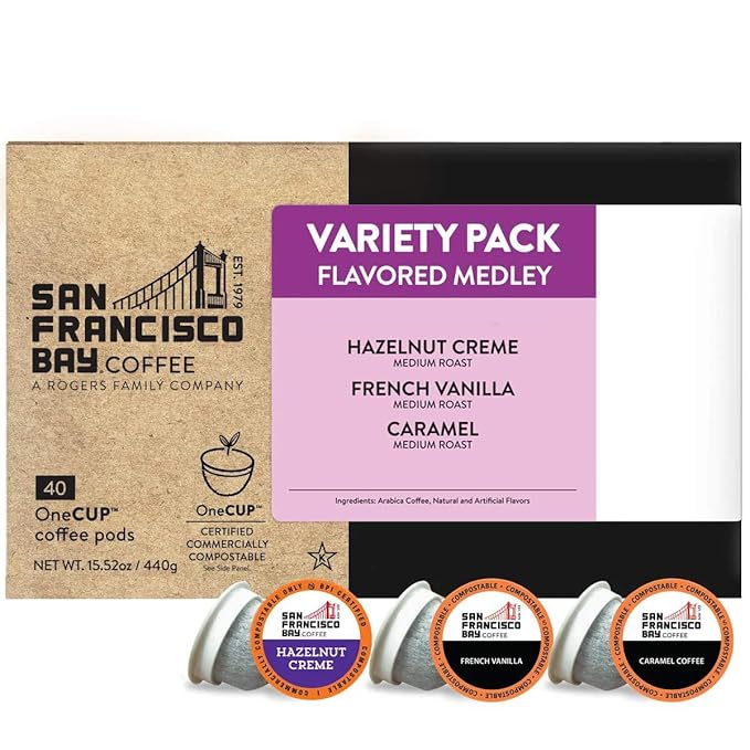 San Francisco Bay Compostable Coffee Pods - Variety Pack Flavored (40 Ct) K Cup Compatible including Keurig 2.0, Hazelnut, Cinnamon, Caramel, Vanilla Flavored Coffee - Bloomnest