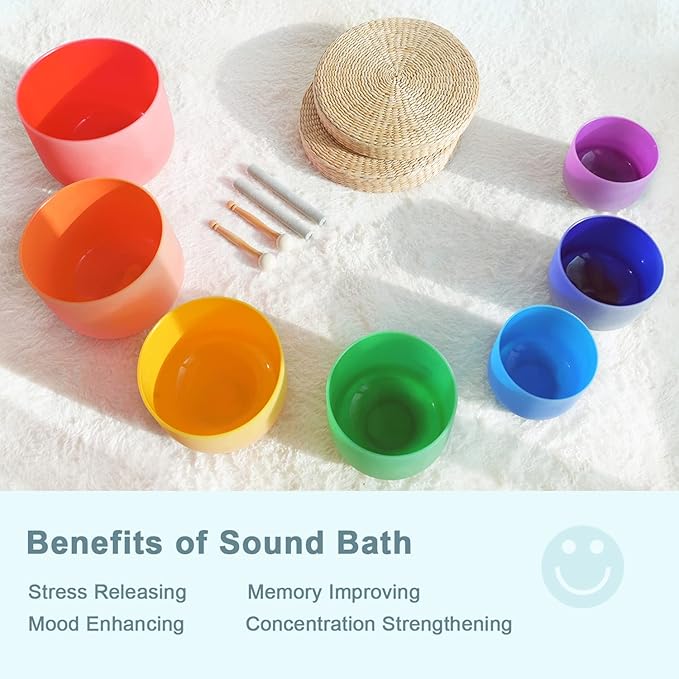 432HZ 6''-12'' Set of 7 Colored Crystal Singing Bowl Set Crystal Sound Healing Frosted Chakra Quartz bowls with 2 Case Bags and Rubber Mallets - Bloomnest