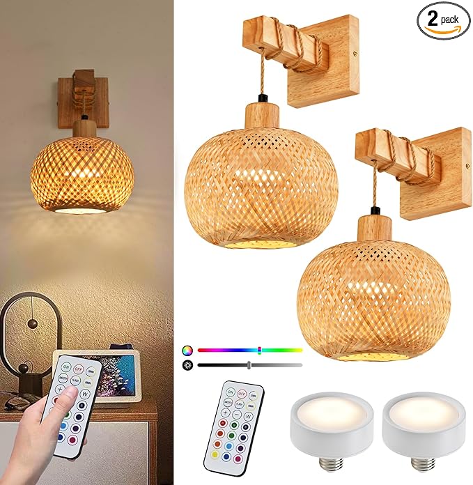 Battery Operated Wall Sconce Set of Two, Rechargeable Bamboo Wall Sconces with Remote RGB 15 Colors Dimmable, Farmhouse Boho Wall Lights for Bedroom Living Room Entryway - Bloomnest