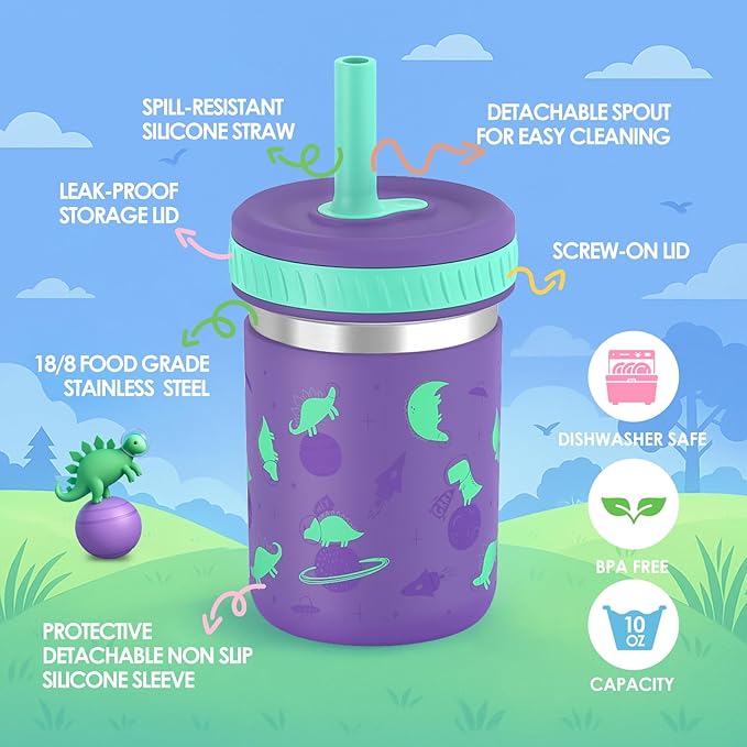 Sursip Toddlers Sippy Cups Stainless Steel Kids Cups with Straws and Lids | Spill-Proof Tumbler Drinks & Snacks, Smoothie Cups, BPA-Free, Dishwasher Safe,2 Packs - Bloomnest