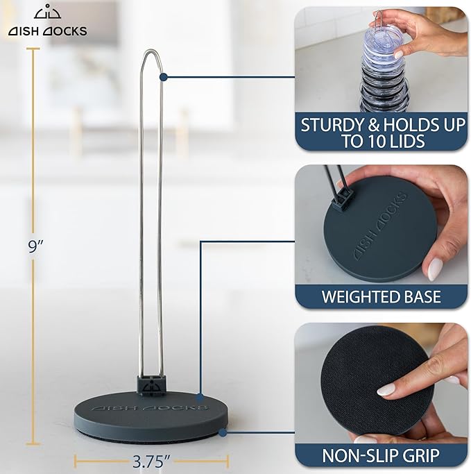 Tumbler Lid Organizer for Cabinet & Countertop - Slim Space-Saving Lid Holder with 9" Sturdy Bar & Weighted, Non-Slip Base - Vertical Storage Cup Lid Organizer - Collapsible Lid Rack for 10 Lids - Bloomnest