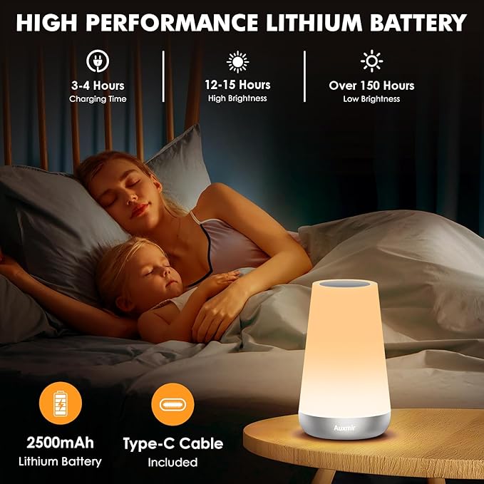 Auxmir Night Light for Kids Baby, 2500mAh13 RGB Colors & 5 Brightness, Portable Rechargeable LED Bedside Lamp for Baby Nursery, Night Lights for Bedroom Living Room Bathroom Hallways, Silver - Bloomnest