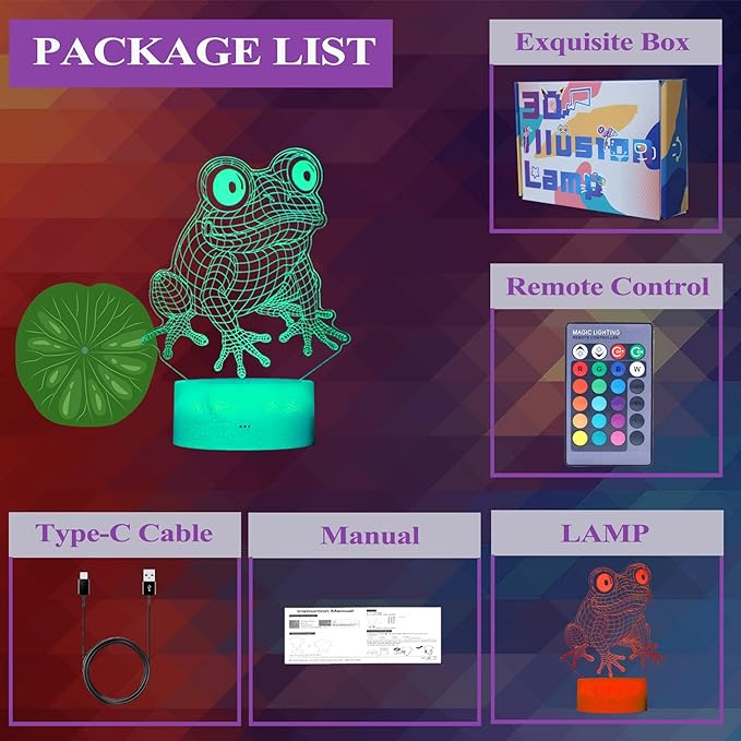 Cute Frog Night Light, Frog Gifts, Frog 3D Illusion Lamp with RGB 16 Colors Changing, Remote Control, Dimmable, Kids Room Decoration Baby's Light Room Decor Children Gifts - Bloomnest