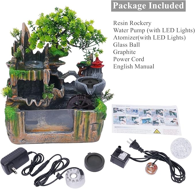 Rockery Fountain Indoor Tabletop Water Fountains Atomizing Humidifier Fountain Desktop Decorations, with LED Light, 110V Waterfall with Rockery Resin Ornament for Home, Office Decoration.