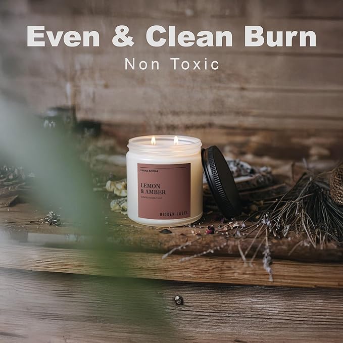 Hidden Label Lemon Amber Scented Candle, 12oz 2 Wick Natural Soy Non Toxic Candles, Clean Burning Long Lasting Aromatherapy for Home | Gifts | Décor,Premium Scents for Relaxation & Stress Relief - Bloomnest
