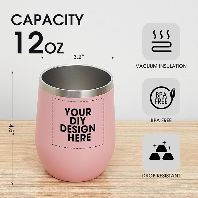 Personalized Custom Wine Tumbler Print in USA 12oz Stainless Steel Travel Coffee Cup with Lid & Straw Double Wall Insulated Mug with Colorful Text Logo Photo - Bloomnest