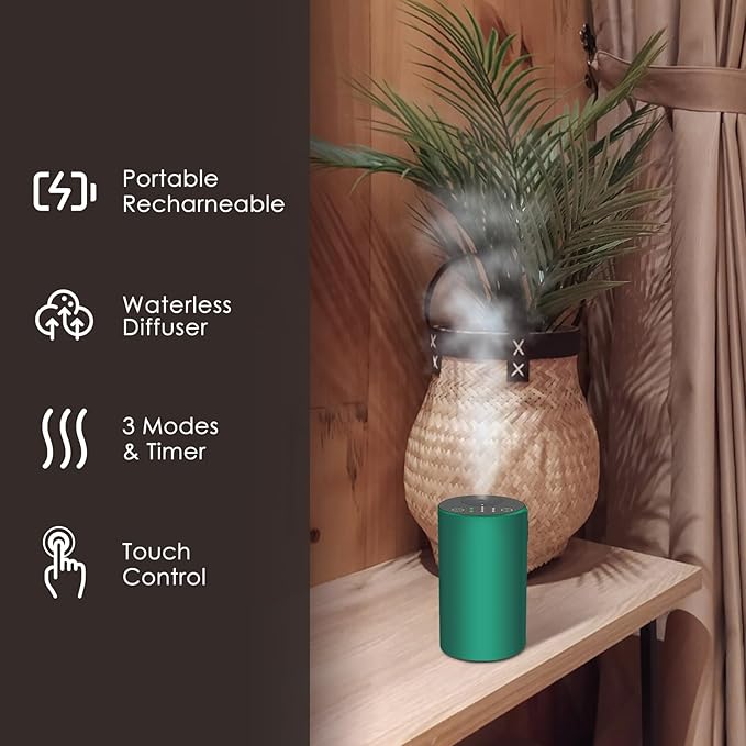 Waterless Essential Oil Diffuser, 7 Colors LED Light, Battery Powered Mini Scent Air Machine, Aromatherapy Mist Diffuser for Home Room Car Office (Green) - Bloomnest