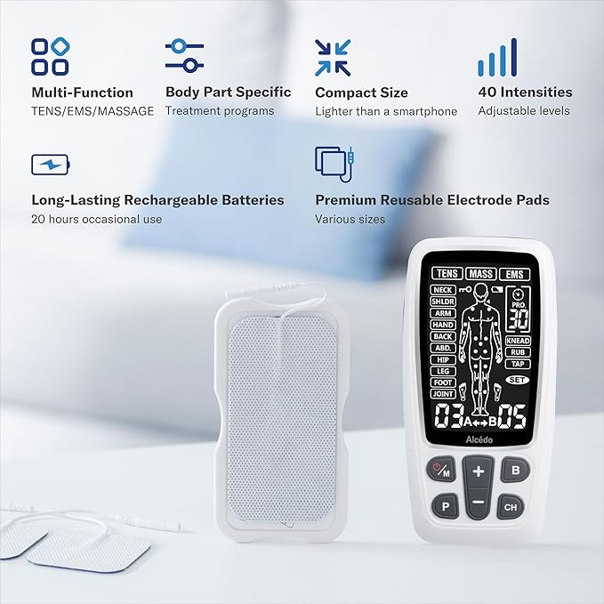 Alcedo TENS Unit + EMS Combination Machine Muscle Stimulator for Pain Relief, Electric Rechargeable Pulse Massager with 41 Modes for Back/Neck Pain Therapy Alcedo