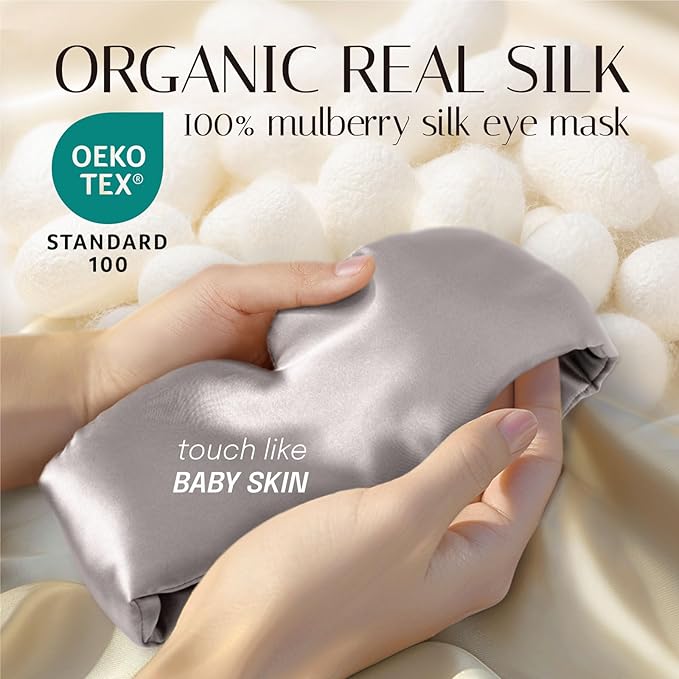 Silk Sleep Mask Soft Pressureless: 100% Mulberry Silk for Eye Skin Anti Wrinkles, Large Size for Total Blackout, Adjustable Wide Velcro Ear Cover