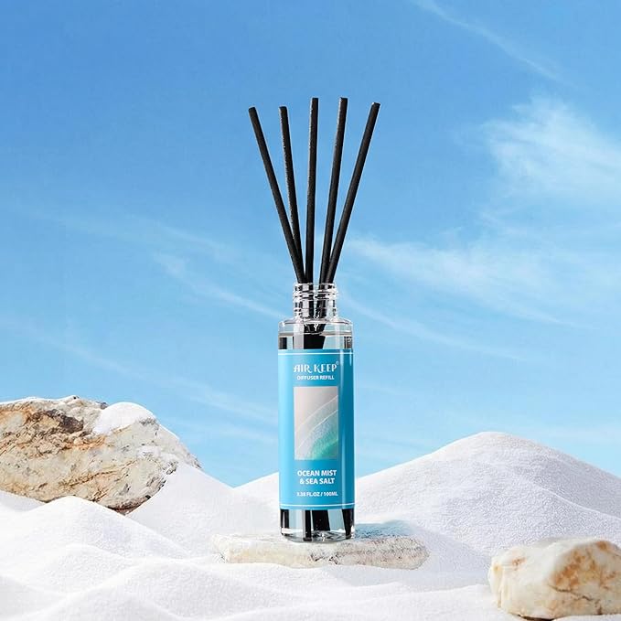 Airkeep Reed Diffuser Set,1.69 fl oz (100 ml) - Ocean Mist&Sea Salt Oil Diffusers with 8 Reed Sticks,Home Fragrance Reed Diffuser for Bathroom Shelf Decor - Bloomnest