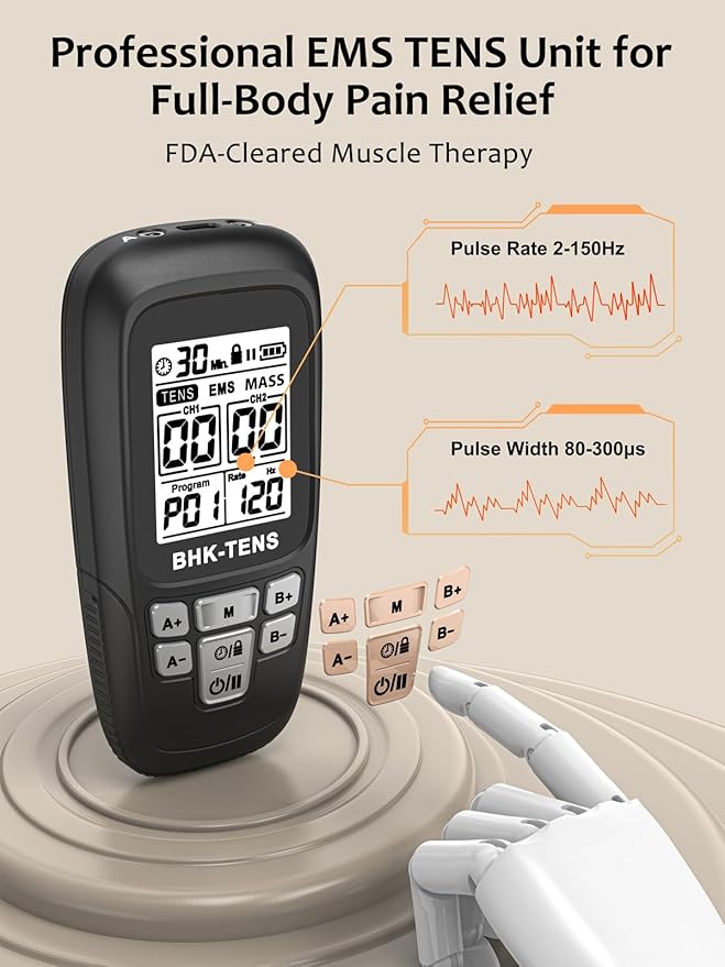 24 Modes TENS Unit Muscle Stimulator with 8 Electrode Pads, Professional 3-in-1 Electronic Pulse Massager with 2-150Hz Rate, 40 Levels, 90mins Timer, EMS TENS Machine for Pain Relief Therapy BHKTENS