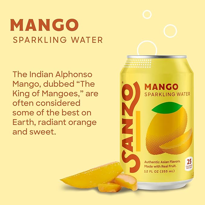Sanzo Flavored Sparkling Water - Mango Seltzer - Low Calorie Low Sugar - Craft Asian Drinks - Vegan Gluten Free Carbonated Flavored Water - Fizzy Bubbly Healthy Drinks - 12oz, 12 Pack - Bloomnest