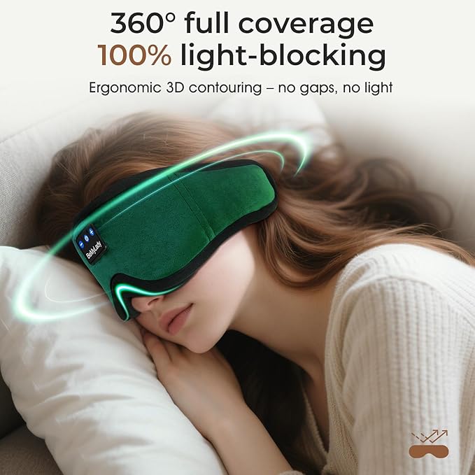 Sleep mask Headphones,100% Blackout 3D Zero Eye Pressure Bluetooth Sleep mask Breathable Eye mask with Bluetooth Headphones Sleep Headphones for Side Sleepers 14H Playtime&Bluetooth 5.4 Green - Bloomnest