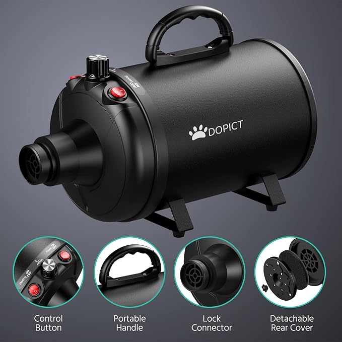 Pet Dryer, 5.2HP/3800W Pet Grooming with Adjustable Speed and Temperature Control Dog Blow Dryer, Pet Hair Dryer with 3 Nozzle - Bloomnest