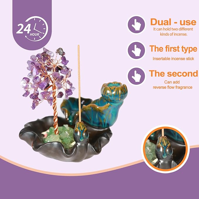 Amethyst Incense Holder Burner, Waterfall Fountain Backflow Cone Burner, Healing Crystal and Stone, Women Gifts for Christma - Bloomnest