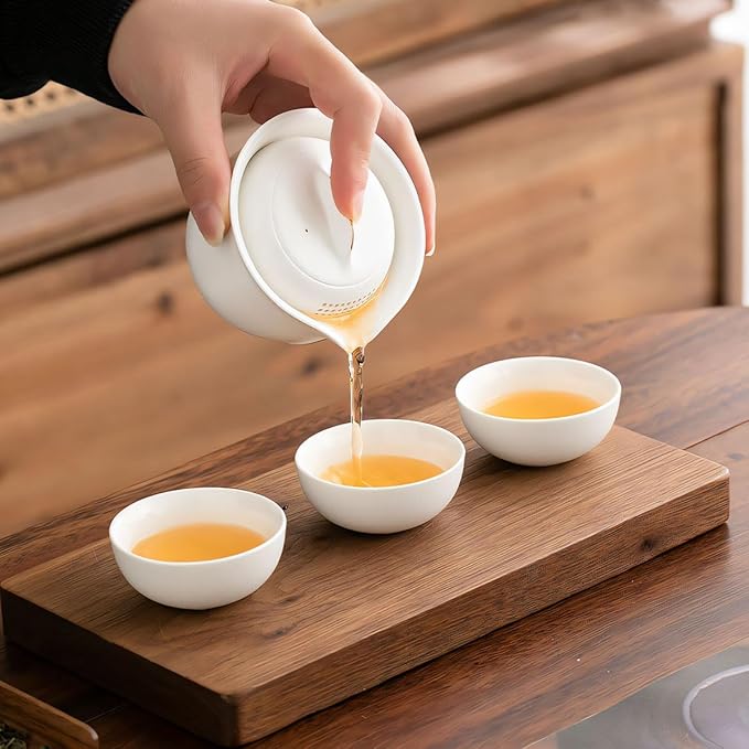 Travel Tea Set Ceramic Tea Pot Set Chinese Kung Fu Teapot Porcelain Gongfu Teacups Frosted Glazed Tea Cup, Portable Bag 1 Pot 3 Mini Cup All in One for Home Office Outdoor Picnic Camping Hotel, White - Bloomnest