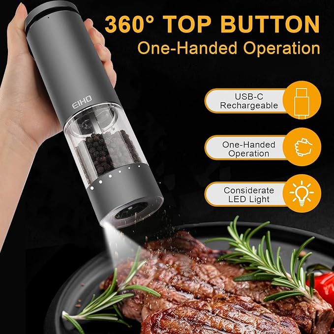 Electric Salt and Pepper Grinder Set Rechargeable, External Adjustable Coarseness, Automatic Salt & Pepper Shakers Mills, Kitchen Gadgets,Stocking Stuffers Christmas Cooking Gifts for Adults Men Women - Bloomnest