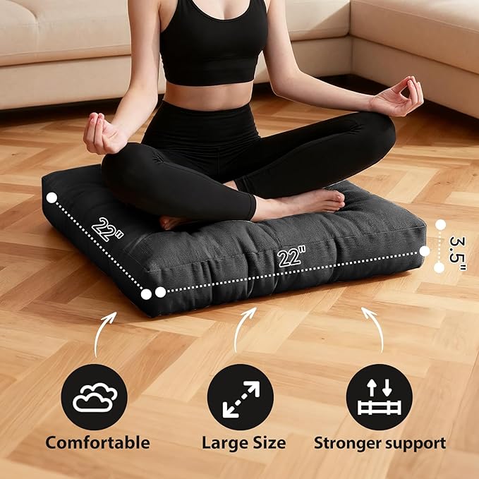 Tiita Square Floor Pillow, Thicken Tufted Seat Cushion, Floor Cushion for Yoga Meditation Living Room Balcony Office Outdoor, Set of 2, 22x22 Inch, Black