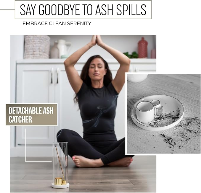 4 in 1 Ceramic Incense Burner with Glass Ash Catcher, Incense Holder for Sticks, Palo Santo, Sage and Cones - Ceramic Ash Catcher Tray for Meditation Yoga Room Home Decor - White - Bloomnest