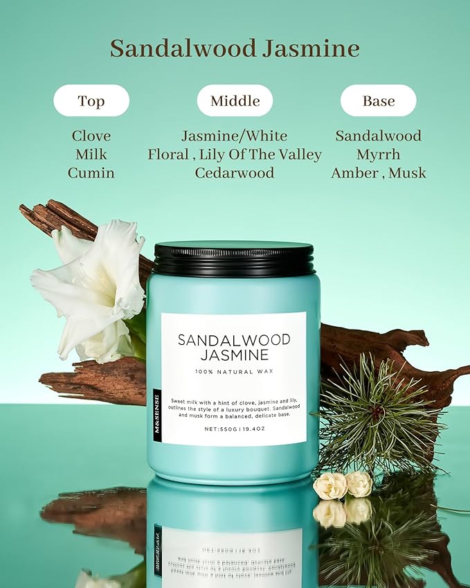 M&SENSE Sandalwood Jasmine Scented Candles, Large Soy Natural Long Lasting 19.4oz 110 Hour Burning Floral Non Toxic Double Wick Aromatherapy Candle Gifts for Women Friend - Bloomnest